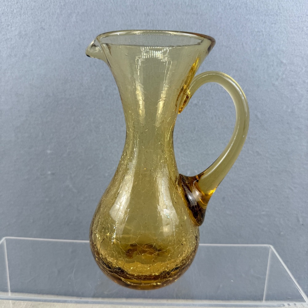 Vtg Amber Crackle Glass Mini Pitcher Hand Blown Pontil MCM Pilgrim Blenko Style